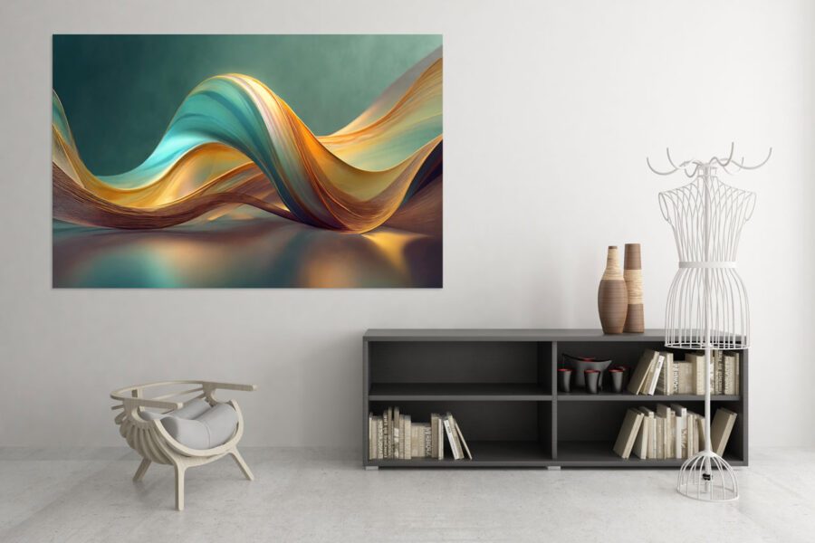 A collection of abstract flowing forms in turquoise, gold, and ivory, evoking the movement of silk-like currents suspended in space.