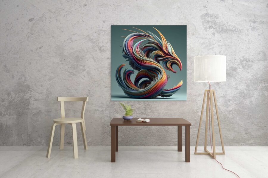 Abstrakte digitale Kunst aus der Serie "Dragon Fiber" – ein farbenprächtiger, strömender Drache aus feinen Fasern, inspiriert von Energie und Bewegung.