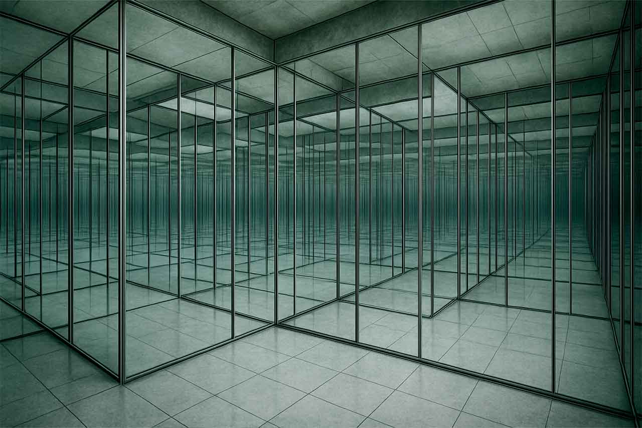 ein endloser raum aus spiegeln, der sich ins unendliche fortsetzt, klar und reduziert, ohne mensch, eine architektur der reflexion.
