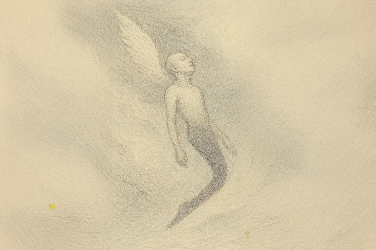 Abstrakte Mischtechnik-Zeichnung: ein schwebender Körper mit feinen Flügeln, umhüllt von weichem Licht und farbigen Aquarellschleiern – Sinnbild für Leichtigkeit, Übergang und Stille.