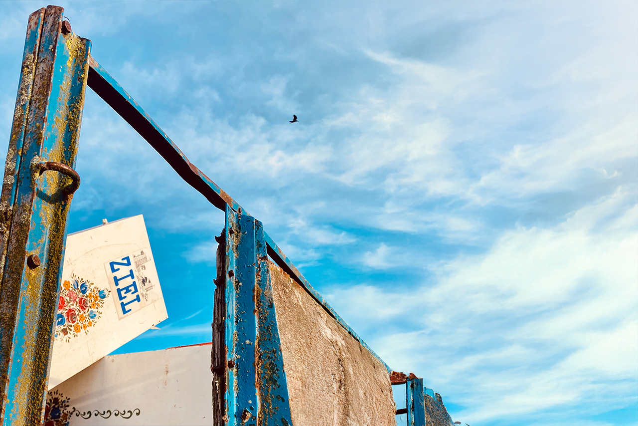 blauer rostiger rahmen ohne tür, schräges schild mit aufschrift ziel, florale ornamente, darüber ein kleiner vogel im himmel